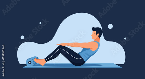 Man Performing Abdominal Crunches With Exercise Equipment On Gym Mat