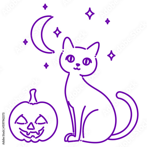 Cute Halloween Line Art. Cat, Pumpkin and Stars