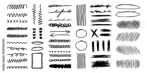 Doodle and scribble set, freehand design decorative elements, hand drawn hatches, pen and ink imitation, waves, curves and crossing. Vector illustration.