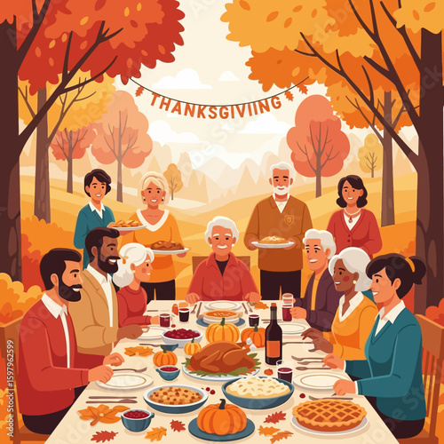 Thanksgiving Gathering: A heartwarming illustration of a Thanksgiving feast unfolds under the vibrant hues of autumn, family members seated around a festive table, celebrating the holiday.