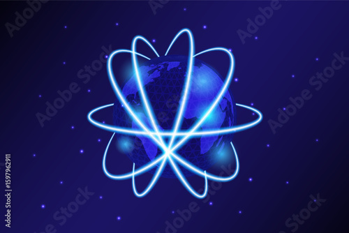 Futuristic glowing lines orbiting Earth, symbolizing worldwide digital communication and global network connectivity