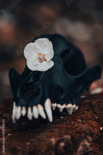 White Blossom on Black Animal Skull – Contrast of Life and Death