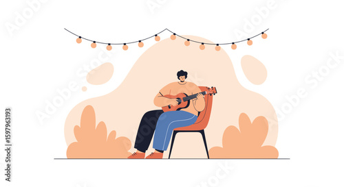 Man Playing Guitar Under Festoon Lights Relaxing In Comfortable Chair