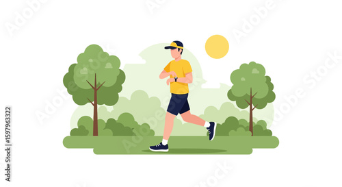 Jogging Man Checks Smartwatch During An Outdoor Run In The Park