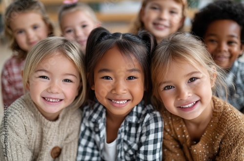 A group of multiethnic children sitting together in the school, smiling and looking at the camera