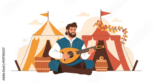 Man Playing Lute In A Medieval Fair With Colorful Tents And Wood Barrels