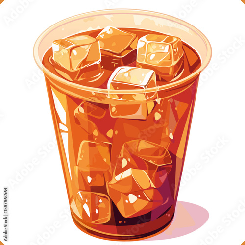 Iced Thai tea with ice cubes in plastic cup, refreshing summer drink, colorful vector illustration. Flat vector Illustration of summer beverage on white background