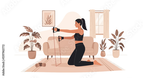 Fit Woman Exercising At Home With Resistance Band For Arm Strengthening