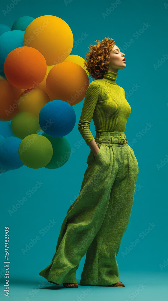 Obraz premium Woman in green pants stands confidently, breathing out colorful spheres against vibrant blue background, creating dynamic and artistic scene
