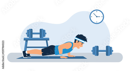 Fitness Workout Illustration Man Doing Pushups Training With Dumbbells