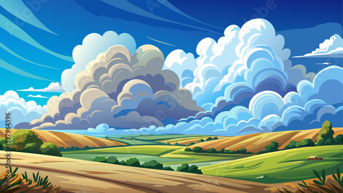 Panorama or panoramic photo of blue sky and white clouds or cloudscape.