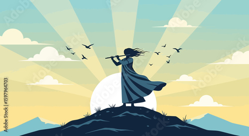 Flutist At Sunrise Vector Scene Evokes Peacefulness And Calmness In Nature