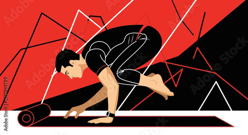 Focused Male Performing Crow Pose Yoga For Body Strength Balance Exercise