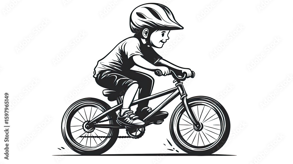 Naklejka premium Black and white illustration of a child cyclist wearing helmet riding bicycle isolated on white background 