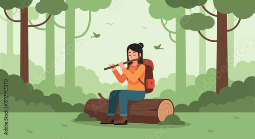 Forest Flute Serenade: Woman Plays Music in Nature's Harmony Relaxing Moment