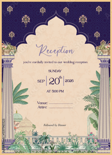 Elegant wedding reception invitation designed with Mughal architecture, floral details, lush greenery, and a rich navy and cream color palette.