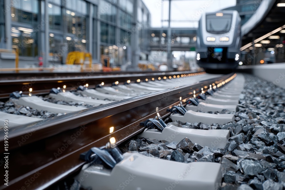 Naklejka premium A contemporary train approaches a station, illuminated tracks reflecting the advancements in railway design and lighting, symbolizing innovation in public transportation systems.
