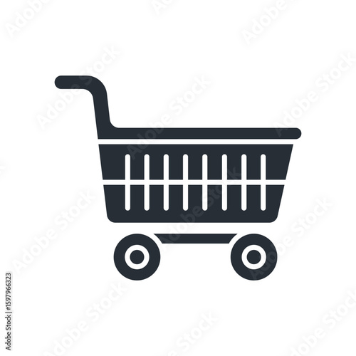 Shopping cart with wheels and basket flat icon. Food shopping and e-commerce. Isolated vector illustration