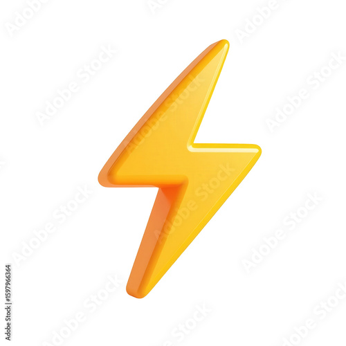 Bright yellow 3d lightning bolt icon isolated on transparent background
