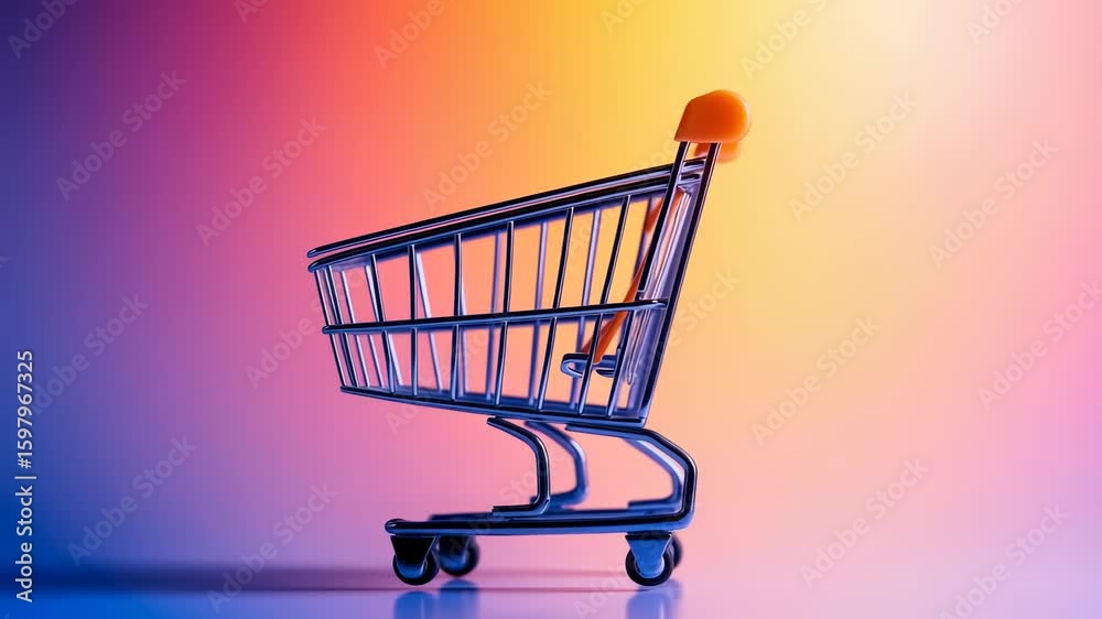 A modern e-commerce shopping cart on a vibrant gradient, a clean commercial background for driving online sales and retail promotions.