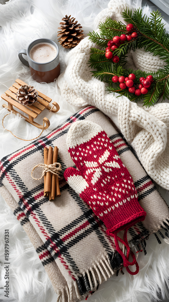Fototapeta premium Christmas decorations, ornaments arranged on a rustic wooden table