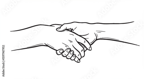 A minimal black and white sketch of two hands holding each other, designed with clean and expressive linework.