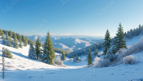 Wallpaper Mural Snow-covered mountain landscape with trees and distant peaks under a clear blue sky. Torontodigital.ca