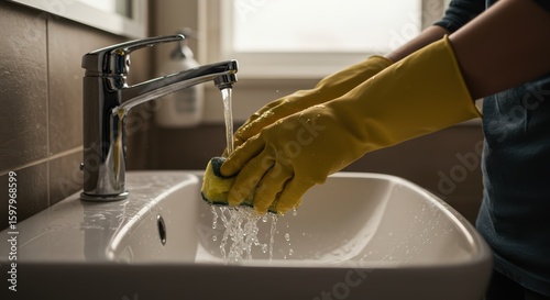I'm wetting a cleaning sponge in the bathroom sink.