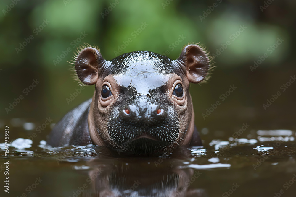 Fototapeta premium Cute hippopotamus in water, nature wildlife portrait of young animal swimming