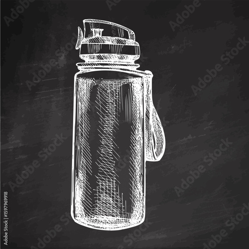 Hand drawn vintage sketch of reusable sport water bottle in engraving chalk style on chalkboard background