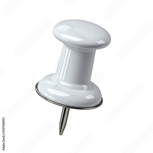 Glossy white push pin with silver metal needle isolated on transparent background