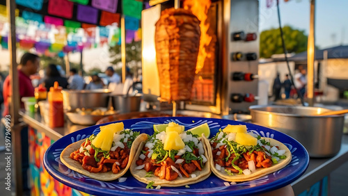 Close-up of tacos al pastor topped with pineapple and onions, served fresh in a vibrant outdoor Mexican street food market.