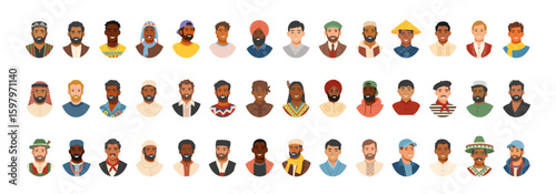 Set of men's portraits of different world ethnicities. Concept of equality, diversity, inclusivity. Vector illustration cliparts in flat style.