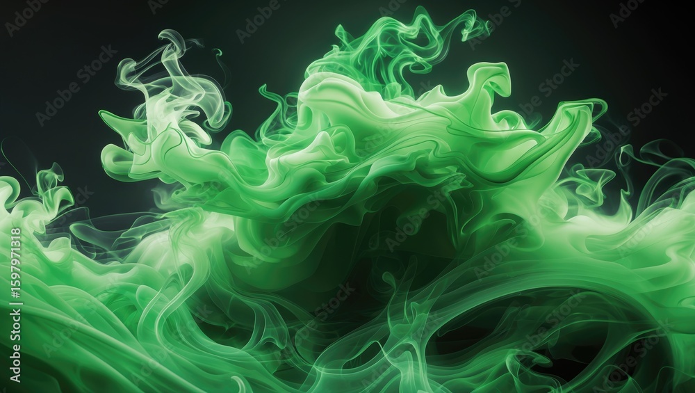 Obraz premium Green swirling smoke or vapor with fluid motion. Abstract and dynamic composition. Smoke art and energy visualization. The concept of movement and transformation.