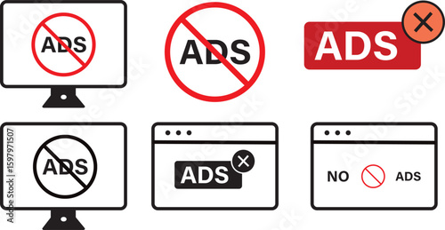 ad block icon set. No blocker icons symbol, Ads Remove Icon, icon Symbol sign,
