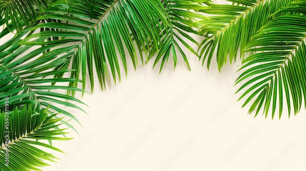 Green palm leaves frame the top and sides of the image against a light beige background, creating a fresh and tropical border. Green palm leaves frame the top and sides of the image against a light beige background, creating a fresh and tropical border.