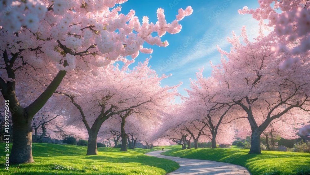 Fototapeta premium Cherry blossom trees in full bloom on a bright day with a winding path and lush green grass.