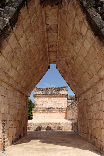 Archways within the Quadrangle of the Nuns in the ancient Mayan city of Uxmal, Yucatan, Mexico. Puuc architecture, Mayan vaults, vertical view