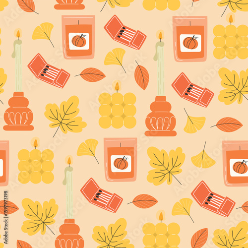 Autumn Aromas Candles, Leaves and Warmth Seamless Pattern , Embracing Season's Embrace with Cozy Elements for Your Designs