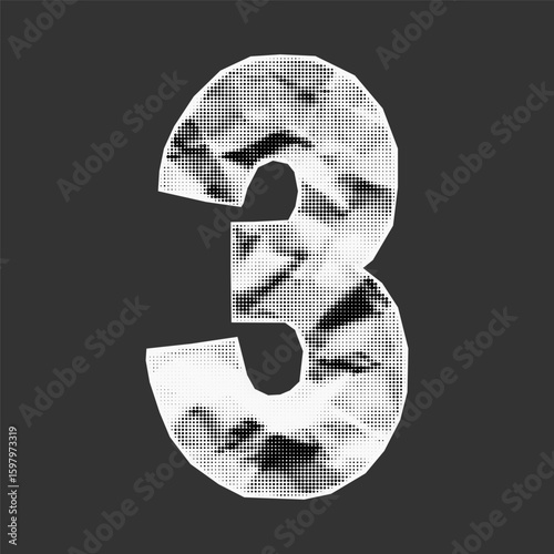 Curved number 3 with wrinkled paper texture. Gritty halftone stipple overlay, ransom collage cutout, retro paper feel.