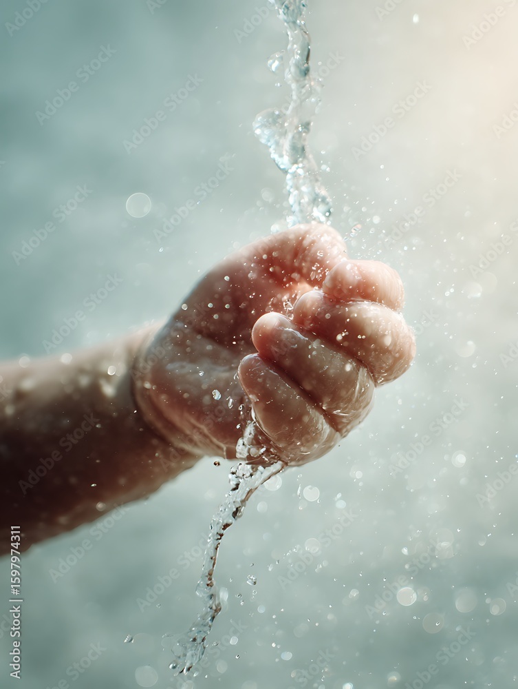 Fototapeta premium Focus on the back of an Asian child's hand as water drops slowly flow on the skin, looking moist and touchable. Use natural light, clean tone background.