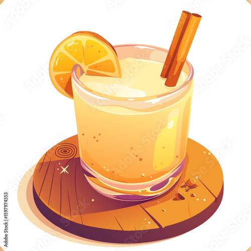 Glass of eggnog with cinnamon stick and star anise, festive holiday drink in vector style on white background. Vector illustration of traditional winter cocktail on white background