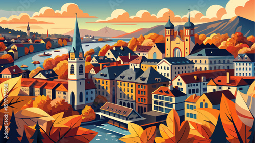 Very beautiful Aerial cityscape view of Zurich in autumn, Switzerland