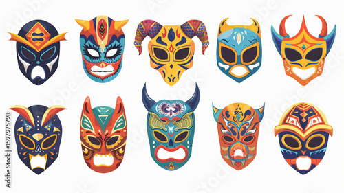A vector illustration of a set of different colorful Mexican lucha libre Wrestling masks 