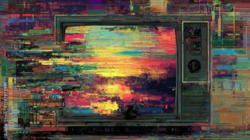 Digital glitch art depicting a vintage television displaying a sunset  