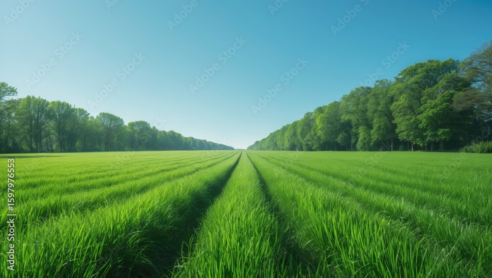 Obraz premium Vast green field with rows of grass under a clear blue sky, surrounded by trees on both sides.