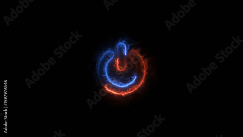 Neon glowing power button illustration on black background.	
