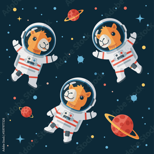 Three cute llamas in astronaut suits floating in space, perfect for children's books or space-themed designs.