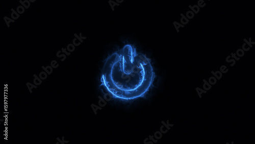 Neon glowing power button illustration on black background.