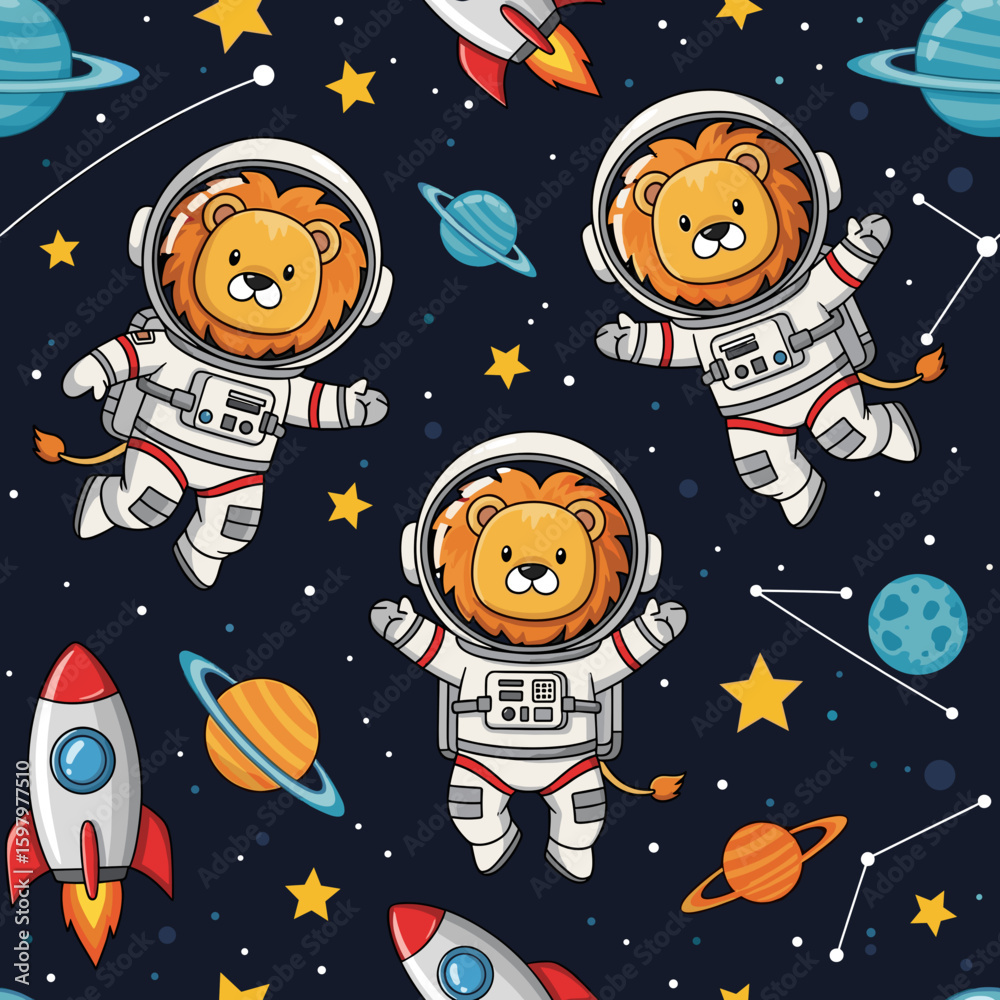 Cute lion astronauts in space: seamless pattern for kids' apparel, fabric, or wallpaper. Cute lion astronauts in space: seamless pattern for kids' apparel, fabric, or wallpaper.